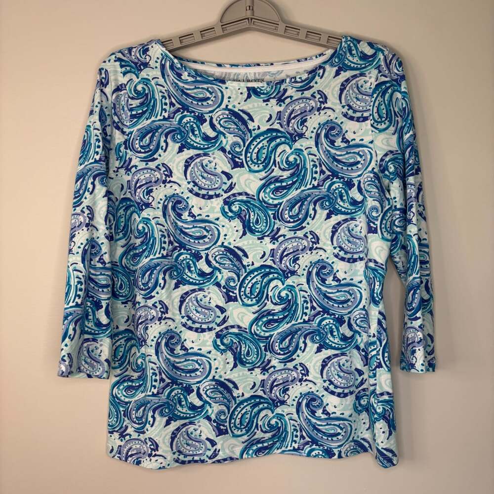 Talbots tee womens MP blue paisley 3/4 sleeve stretch colorful